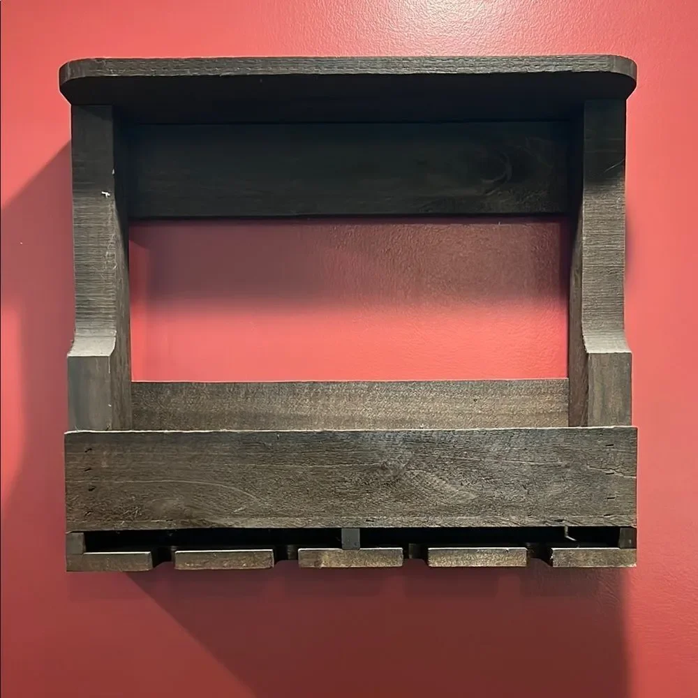 Wine rack. Wooden. Holds 4 glasses and 5 bottles.